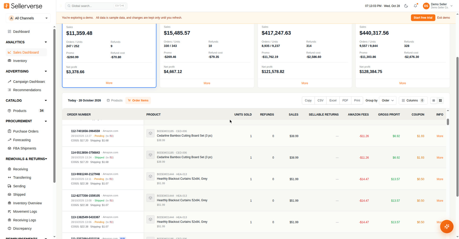 Sellerverse demo: profit on every order, with COGS, shipping and Amazon fees on each order (sample data).